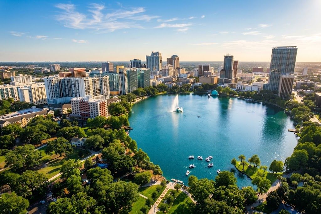 Downtown Orlando skyline over Lake Eola